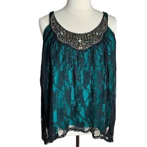 Lane Bryant Dressy Sleeveless Blouse Size 26/28 Black Lace Over Green Knit